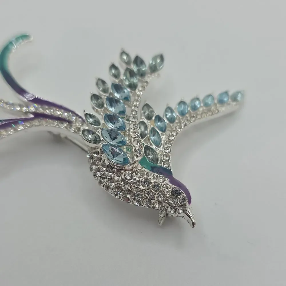 Anne Klein Signed Bird Brooch Silver Tone Blue Rhinestone Enamel